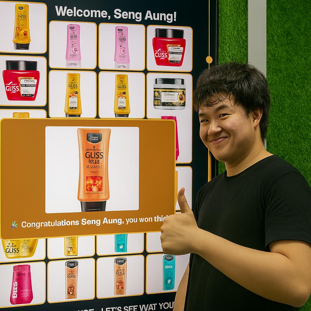 Guest playing Scan & Win interactive game by scanning QR code at a mall activation event in Dubai, with live name display and prize reveal on a big screen.